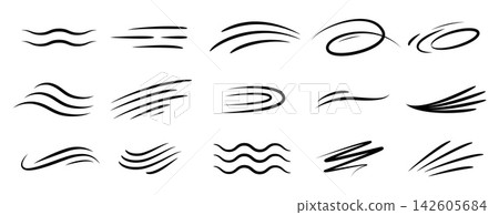 Black arcs, speed lines, waves, curls, traces of movement. Difference action elements for comic, cartoon, flyers design. Elegance luxury vector clipart Black arcs, speed lines, waves, curls, traces of movement. Difference action elements for comic, cartoon, flyers design. Elegance luxury vector clipart 142605684