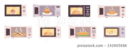 Food in microwave. Smart and quick reheating food. Pie, chicken, burger pizza spaghetti in different microwaves. Fast eating, homemade meal, racy vector set Food in microwave. Smart and quick reheating food. Pie, chicken, burger pizza spaghetti in different microwaves. Fast eating, homemade meal, racy vector set 142605686