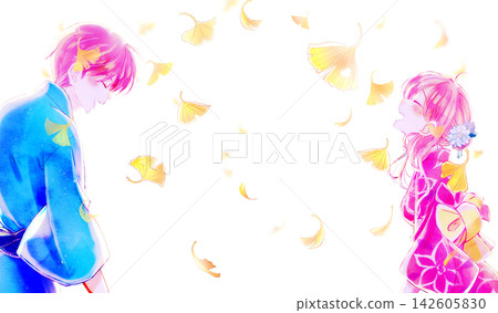 A happy-looking man and woman facing each other, wearing yukata, backlit, ginkgo leaves, and negative space. A happy-looking man and woman facing each other, wearing yukata, backlit, ginkgo leaves, and negative space. 142605830