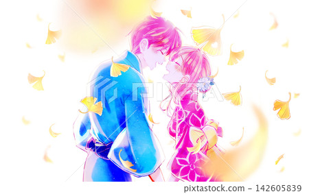 一對面帶著笑容的男女面對面站著,身穿浴衣,背光而立,背景是銀杏葉。 一對面帶著笑容的男女面對面站著,身穿浴衣,背光而立,背景是銀杏葉。 142605839