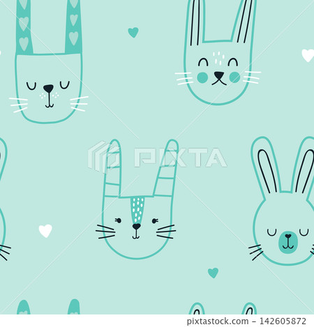 Seamless pattern with hand drawn cute bunnies in outline style. Childish mint adorable texture with cartoon rabbits heads. Vector illustration Seamless pattern with hand drawn cute bunnies in outline style. Childish mint adorable texture with cartoon rabbits heads. Vector illustration 142605872