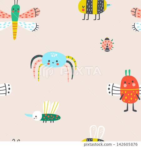 Seamless pattern with cartoon insects. Cute bee, butterfly, ladybug, spider template. Vector illustration. 142605876