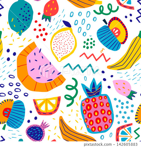Colorful Abstract Fruit Doodle Seamless Pattern. Colorful Abstract Fruit Doodle Seamless Pattern. 142605883