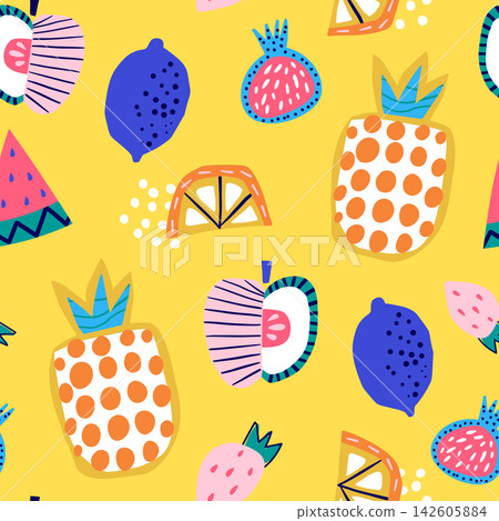 Vibrant Abstract Fruit Doodle Seamless Pattern on Yellow. Vibrant Abstract Fruit Doodle Seamless Pattern on Yellow. 142605884