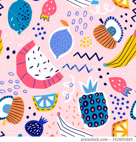 Colorful Abstract Fruit Doodle Seamless Pattern on Pink. 142605885