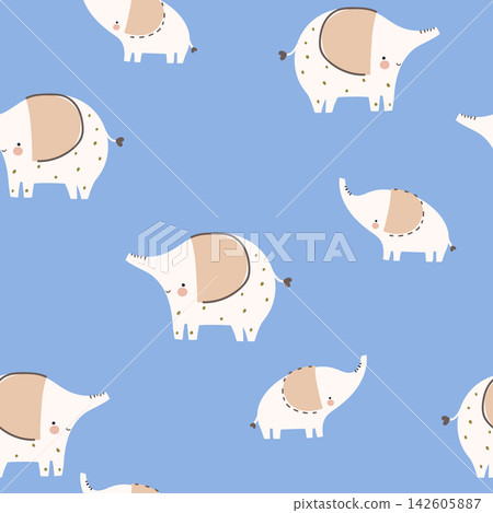 Cute Pastel Baby Elephant Nursery Seamless Pattern on Blue 142605887