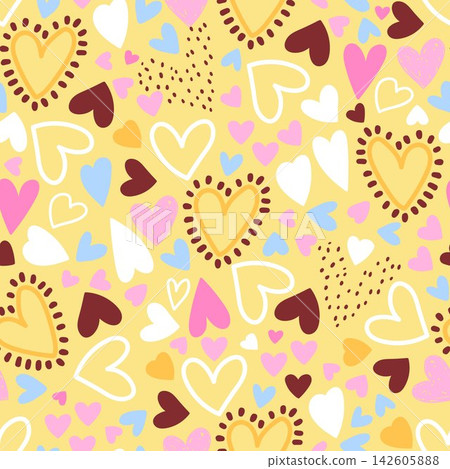 Cute Hand Drawn Doodle Hearts Seamless Pattern on Yellow. Cute Hand Drawn Doodle Hearts Seamless Pattern on Yellow. 142605888