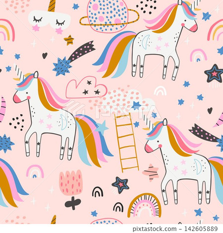 Cute Magical Unicorn and Rainbow Dream Seamless Pattern. Cute Magical Unicorn and Rainbow Dream Seamless Pattern. 142605889