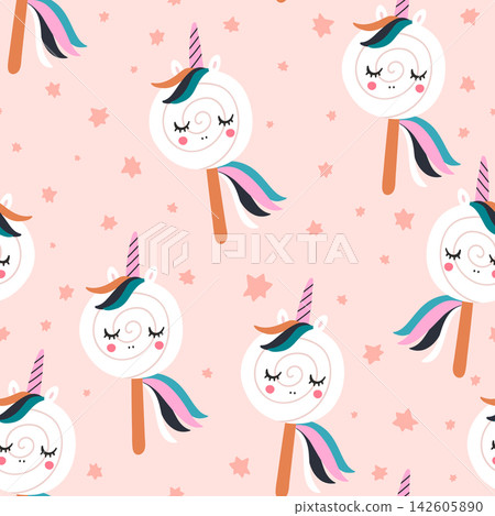 Cute Sleeping Unicorn Lollipop Seamless Pattern. Cute Sleeping Unicorn Lollipop Seamless Pattern. 142605890