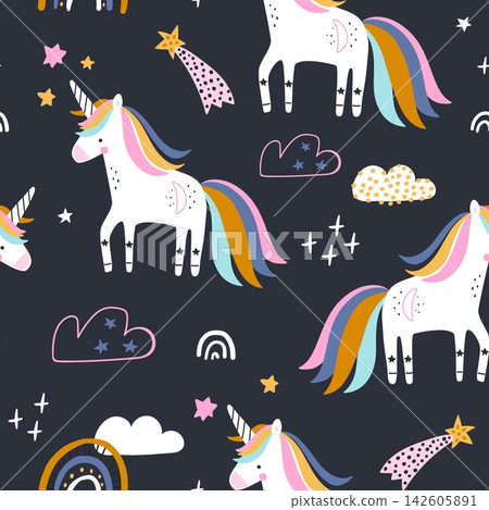 Cute Magical Unicorn Night Sky Seamless Pattern. Cute Magical Unicorn Night Sky Seamless Pattern. 142605891