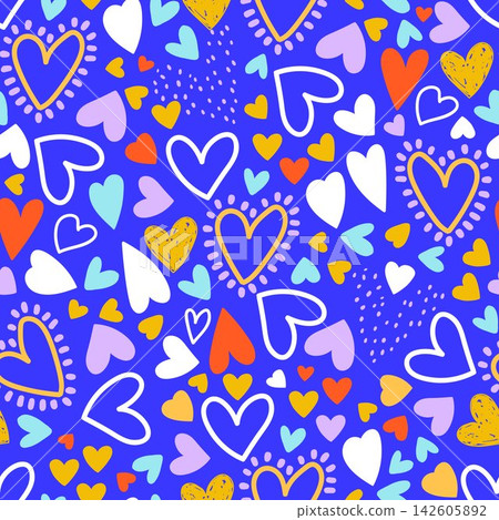 Colorful Hand Drawn Doodle Hearts Seamless Pattern on Vibrant Blue. Colorful Hand Drawn Doodle Hearts Seamless Pattern on Vibrant Blue. 142605892