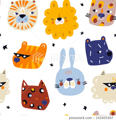 Cute Quirky Painted Animal Faces Seamless Pattern. Cute Quirky Painted Animal Faces Seamless Pattern. 142605897