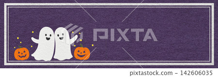 Cute ghosts hugging with pumpkin jack o lantern on violet textured paper background. Halloween web banner template with copy space Cute ghosts hugging with pumpkin jack o lantern on violet textured paper background. Halloween web banner template with copy space 142606035
