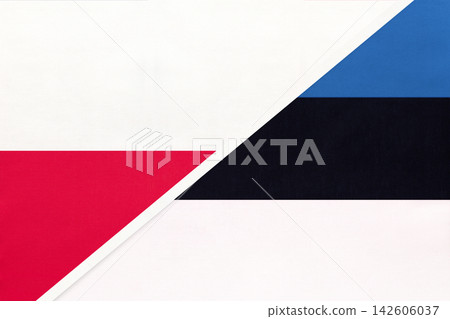 Poland and Estonian national flags on fabric background, international partnership and cooperation between two countries Poland and Estonian national flags on fabric background, international partnership and cooperation between two countries 142606037