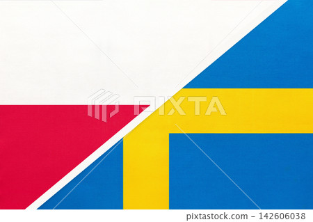 Poland and Swedish national flags on fabric background, international partnership and cooperation between two countries 142606038