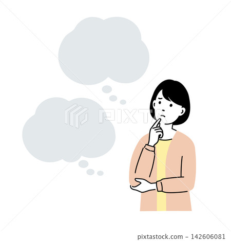 Illustration 1 of a woman struggling to choose between two options, with text space for the thought process. Illustration 1 of a woman struggling to choose between two options, with text space for the thought process. 142606081