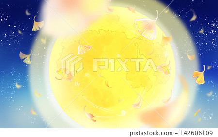Falling ginkgo leaves, moon, landscape orientation Falling ginkgo leaves, moon, landscape orientation 142606109