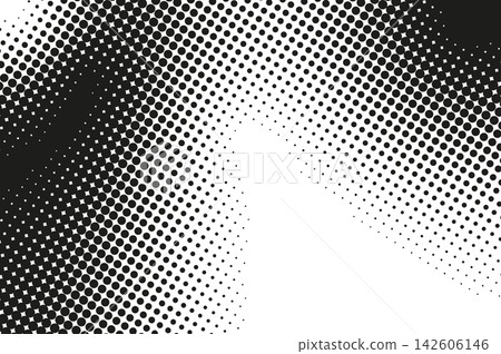 Abstract halftone texture with monochrome dotted pattern. Black and white gradient overlay with noise transition effect. Dissolve polka dots motion with organic curve forms. Vector illustration. 142606146