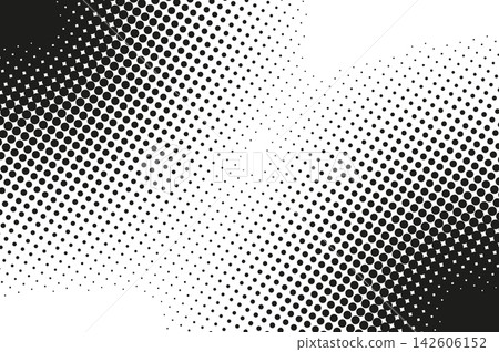 Abstract halftone texture with monochrome dotted pattern. Black and white gradient overlay with noise transition effect. Template with polka dots print with dark corners frame. Vector illustration. 142606152