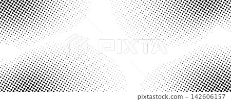 Abstract halftone texture with monochrome dotted pattern. Black and white gradient overlay with noise transition effect. Horizontal layout with fading frame with fluid curves. Vector illustration. Abstract halftone texture with monochrome dotted pattern. Black and white gradient overlay with noise transition effect. Horizontal layout with fading frame with fluid curves. Vector illustration. 142606157