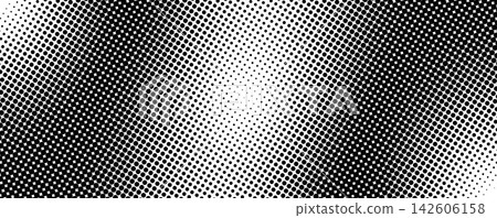 Abstract halftone texture with monochrome dotted pattern. Black and white gradient overlay with noise transition effect. Horizontal layout with dissolve blots and fluid waves. Vector illustration. 142606158