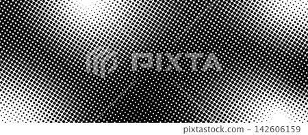 Abstract halftone texture with monochrome dotted pattern. Black and white gradient overlay with noise transition effect. Horizontal layout with repeating flowing grain waves. Vector illustration. 142606159