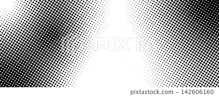 Abstract halftone texture with monochrome dotted pattern. Black and white gradient overlay with noise transition effect. Horizontal layout with flowing dynamic curve grain waves. Vector illustration. Abstract halftone texture with monochrome dotted pattern. Black and white gradient overlay with noise transition effect. Horizontal layout with flowing dynamic curve grain waves. Vector illustration. 142606160