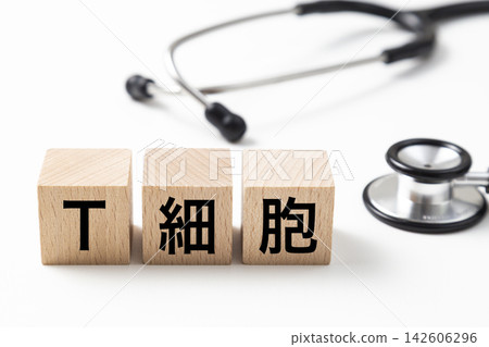A block labeled "T cell" and a stethoscope. A block labeled "T cell" and a stethoscope. 142606296
