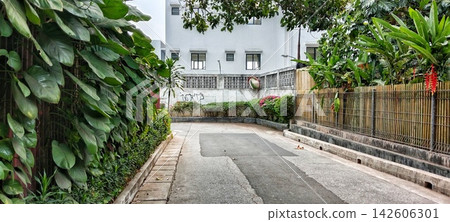Residential complex road surrounded by greenery with a convex mirror at the end Residential complex road surrounded by greenery with a convex mirror at the end 142606301