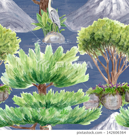 Pine trees, decorative garden shrubs, gray herons on rocks, distant mountain. Asian landscape seamless watercolor pattern on grey. Asian garden, ideal for textile prints, wallpapers, elegant surface Pine trees, decorative garden shrubs, gray herons on rocks, distant mountain. Asian landscape seamless watercolor pattern on grey. Asian garden, ideal for textile prints, wallpapers, elegant surface 142606364