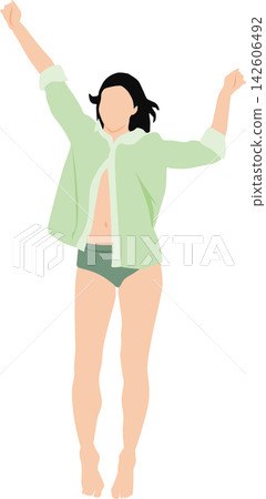 一位女性醒來伸懶腰的插圖。 一位女性醒來伸懶腰的插圖。 142606492