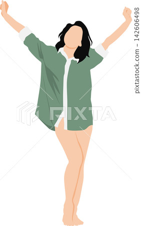 一位女性醒來伸懶腰的插圖。 一位女性醒來伸懶腰的插圖。 142606498