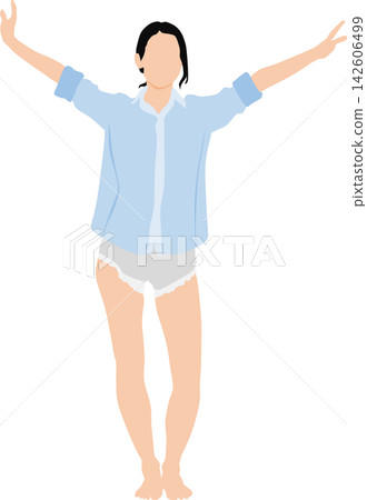 一位女性醒來伸懶腰的插圖。 一位女性醒來伸懶腰的插圖。 142606499