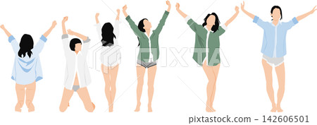 Illustration of a woman waking up and stretching. Illustration of a woman waking up and stretching. 142606501