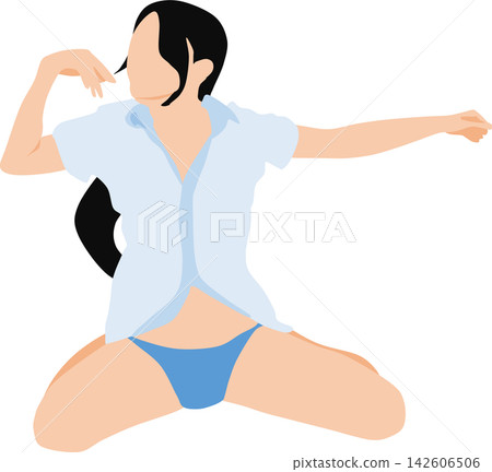 一位女性醒來伸懶腰的插圖。 142606506