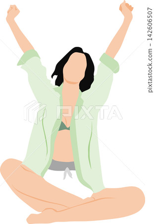 一位女性醒來伸懶腰的插圖。 一位女性醒來伸懶腰的插圖。 142606507
