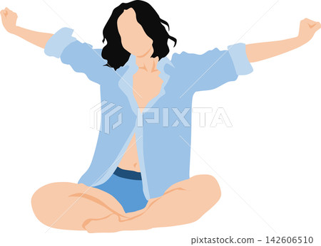 一位女性醒來伸懶腰的插圖。 一位女性醒來伸懶腰的插圖。 142606510