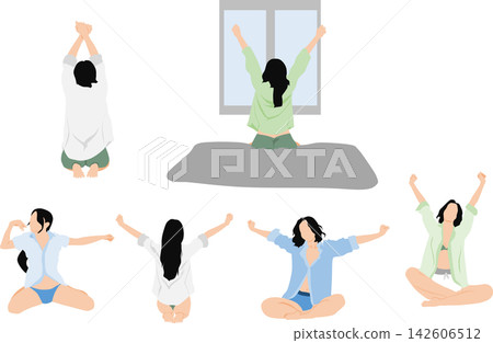 一位女性醒來伸懶腰的插圖。 一位女性醒來伸懶腰的插圖。 142606512