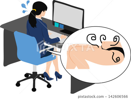 一幅插圖描繪了一位女商人因工作時內衣被汗水浸濕而感到煩惱的情景。 142606566