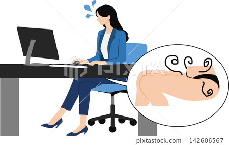 一幅插圖描繪了一位女商人因工作時內衣被汗水浸濕而感到煩惱的情景。 142606567