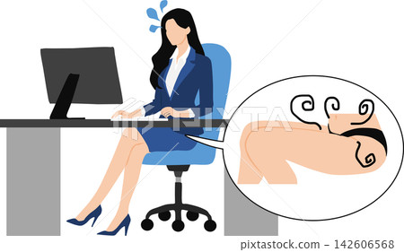 一幅插圖描繪了一位女商人因工作時內衣被汗水浸濕而感到煩惱的情景。 142606568