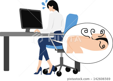 一幅插圖描繪了一位女商人因工作時內衣被汗水浸濕而感到煩惱的情景。 一幅插圖描繪了一位女商人因工作時內衣被汗水浸濕而感到煩惱的情景。 142606569