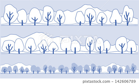 A row of trees and a mountain range, hand-drawn line art illustration (with a white background). A row of trees and a mountain range, hand-drawn line art illustration (with a white background). 142606789