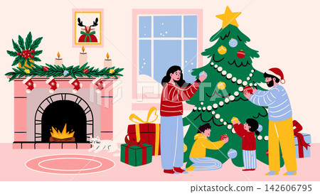 Happy family with children decorating a Christmas tree near a cozy fireplace with gifts. Illustration of a winter home interior for New Year and holiday greetings. Happy family with children decorating a Christmas tree near a cozy fireplace with gifts. Illustration of a winter home interior for New Year and holiday greetings. 142606795