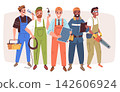 Repairman team. Man woman worker, builder engineer plumber electrician carpenter construction helmet tool equipment maintenance repair work people job, classy vector illustration 142606924