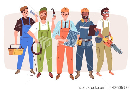 Repairman team. Man woman worker, builder engineer plumber electrician carpenter construction helmet tool equipment maintenance repair work people job, classy vector illustration 142606924