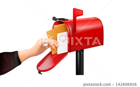 Realistic hand mailbox. 3d hands put letter envelope postbox, open mail box letters package mailman arm taking paper message letterbox post office postal exact vector illustration 142606926