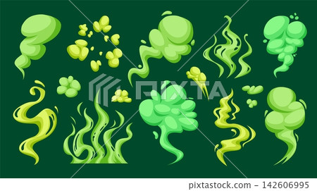 Green gas smoke. Stink smell bad odor toxic cloud fart poison breath steam mist stench fume vapor dirty rotten effect stinky nasty pungent pollution qualitative vector illustration 142606995