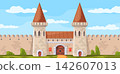 Castle wall gate. Medieval stone fortress entrance cartoon background, old brick tower ancient palace building wood door gate fort with window fantasy game neat vector illustration 142607013