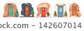 Christmas entrance doors. Home xmas decoration, decorated facade winter holiday front door porch garland lamp wreath lantern fir tree snow house building, neat vector illustration 142607014